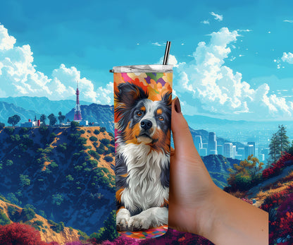 Australian Shepherd Dog Pet 20oz Tumbler Wrap, Colorful and Customizable, Aussie Shepard Museum Quality Art-DY