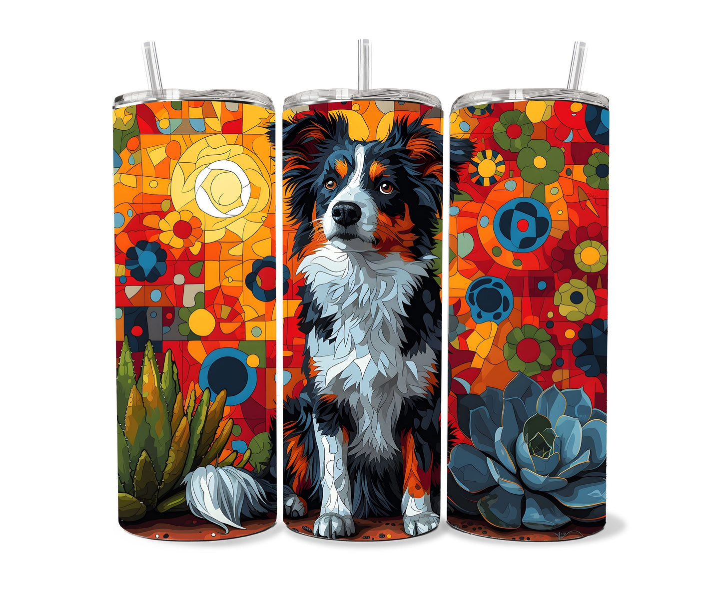 Australian Shepherd Dog Pet 20oz Tumbler Wrap, Colorful and Customizable, Aussie Shepard Museum Quality Art-NO