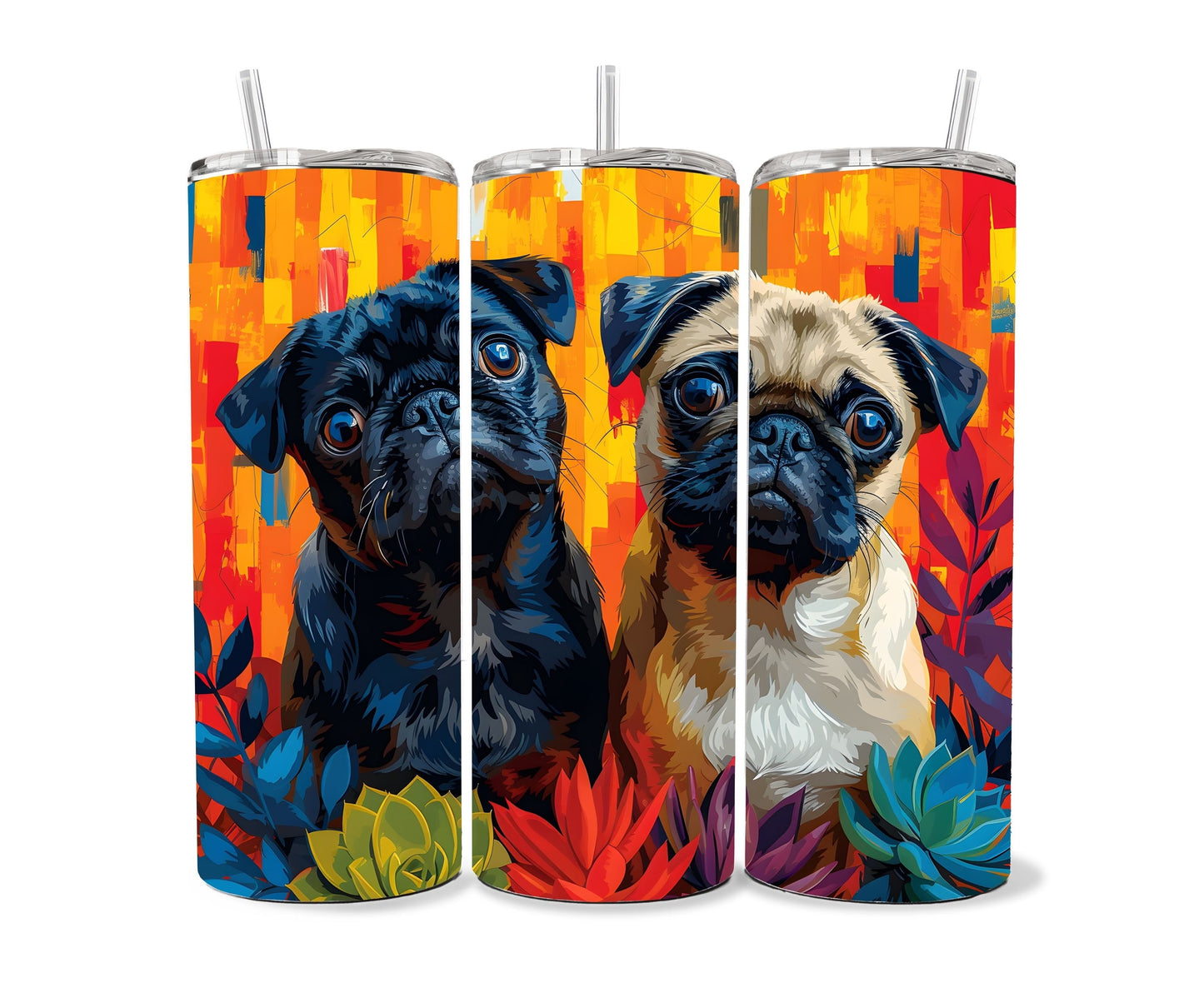 Pugs Dog Pet 20oz Tumbler Wrap, Colorful and Customizable, Twin Pugs Black and Brown Museum Quality Art Cup Wraps-QP