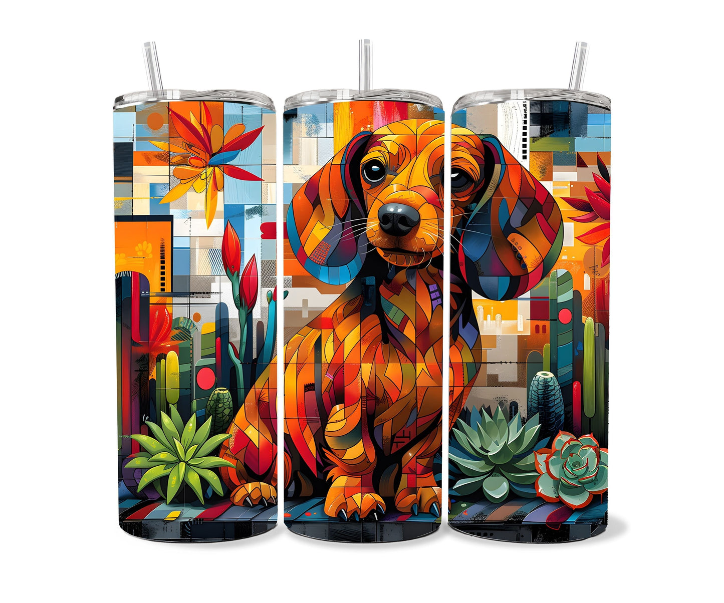 Dachshund Tumbler Wrap 20oz Skinny Tumbler , Colorful Museum Quality Dachshund Art Tumbler Wraps-AM