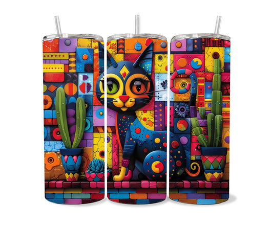 Cat and Cactus Succulent Tumbler Wrap 20oz Skinny Tumbler , Colorful Museum Quality Cute Cat Art and Cactus Plant Tumbler Wraps-PF