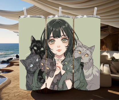 Cats and a Girl Anime Tumbler Wrap 20oz Skinny Tumbler , Colorful Museum Quality Japanese Style Cute Anime Cat Art Tumbler Wraps-ZI