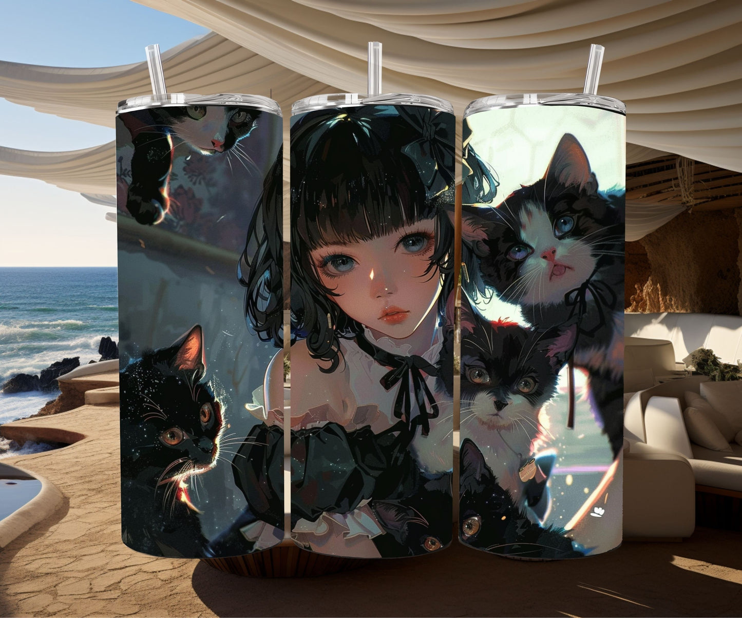 Cats and a Girl Anime Tumbler Wrap 20oz Skinny Tumbler , Colorful Museum Quality Japanese Style Cute Anime Cat Art Tumbler Wraps-EU