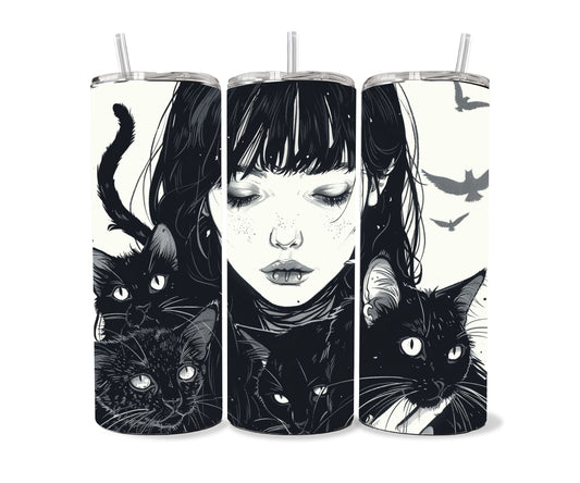 Cats and a Girl Manga Tumbler Wrap 20oz Skinny Tumbler , Colorful Museum Quality Japanese Style Cute Manga Cat Art Tumbler Wraps-LV