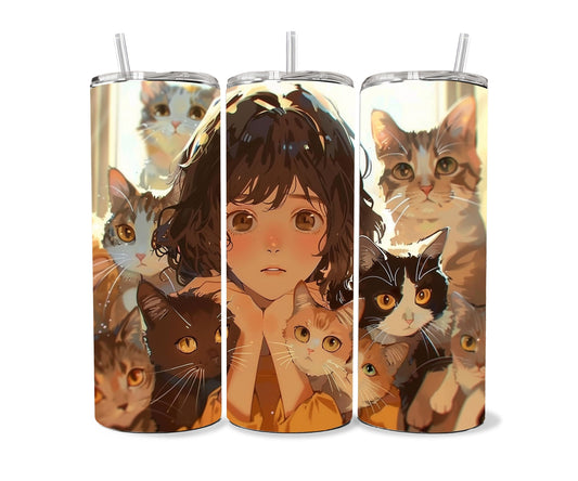 Cats and a Girl Anime Tumbler Wrap 20oz Skinny Tumbler , Colorful Museum Quality Japanese Style Cute Anime Cat Art Tumbler Wraps-ZK