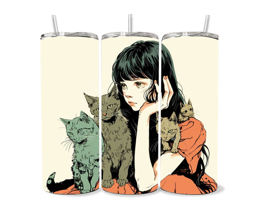 Cats and a Girl Anime Tumbler Wrap 20oz Skinny Tumbler , Colorful Museum Quality Japanese Style Cute Anime Cat Art Tumbler Wraps-EC