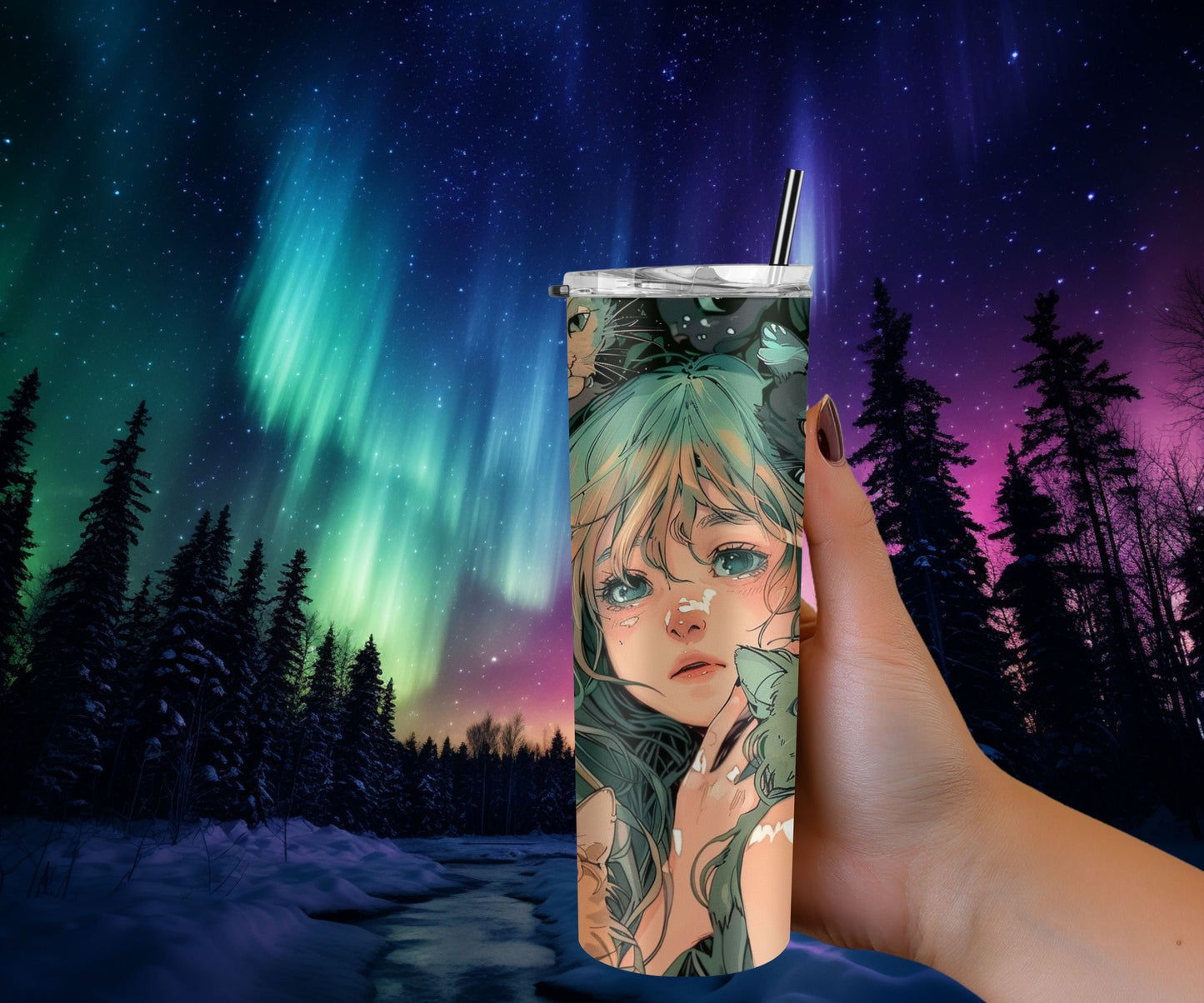 Cats and a Girl Anime Tumbler Wrap 20oz Skinny Tumbler , Colorful Museum Quality Japanese Style Cute Anime Cat Art Tumbler Wraps-UW