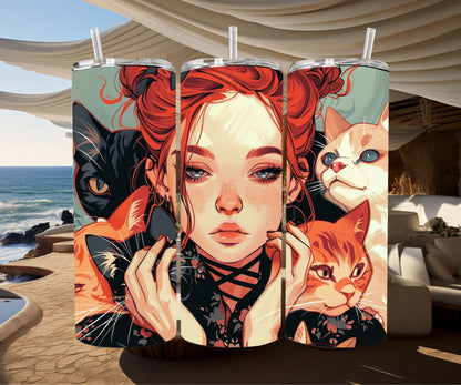 Cats and a Girl Anime Tumbler Wrap 20oz Skinny Tumbler , Colorful Museum Quality Japanese Style Cute Anime Cat Art Tumbler Wraps-SH