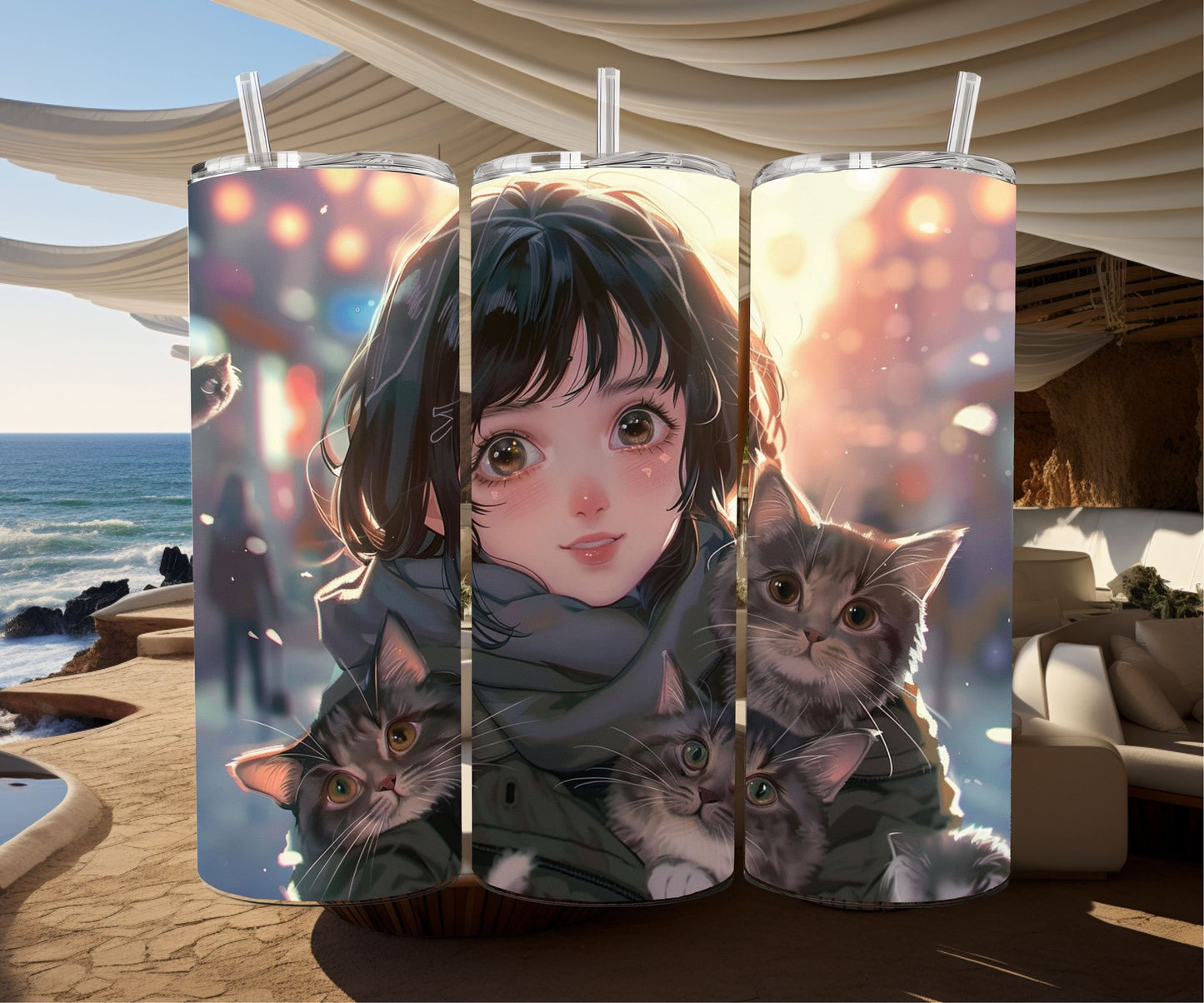 Cats and a Girl Anime Tumbler Wrap 20oz Skinny Tumbler , Colorful Museum Quality Japanese Style Cute Anime Cat Art Tumbler Wraps-WO