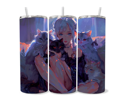 Cats and a Girl Anime Tumbler Wrap 20oz Skinny Tumbler , Colorful Museum Quality Japanese Style Cute Anime Cat Art Tumbler Wraps-OA