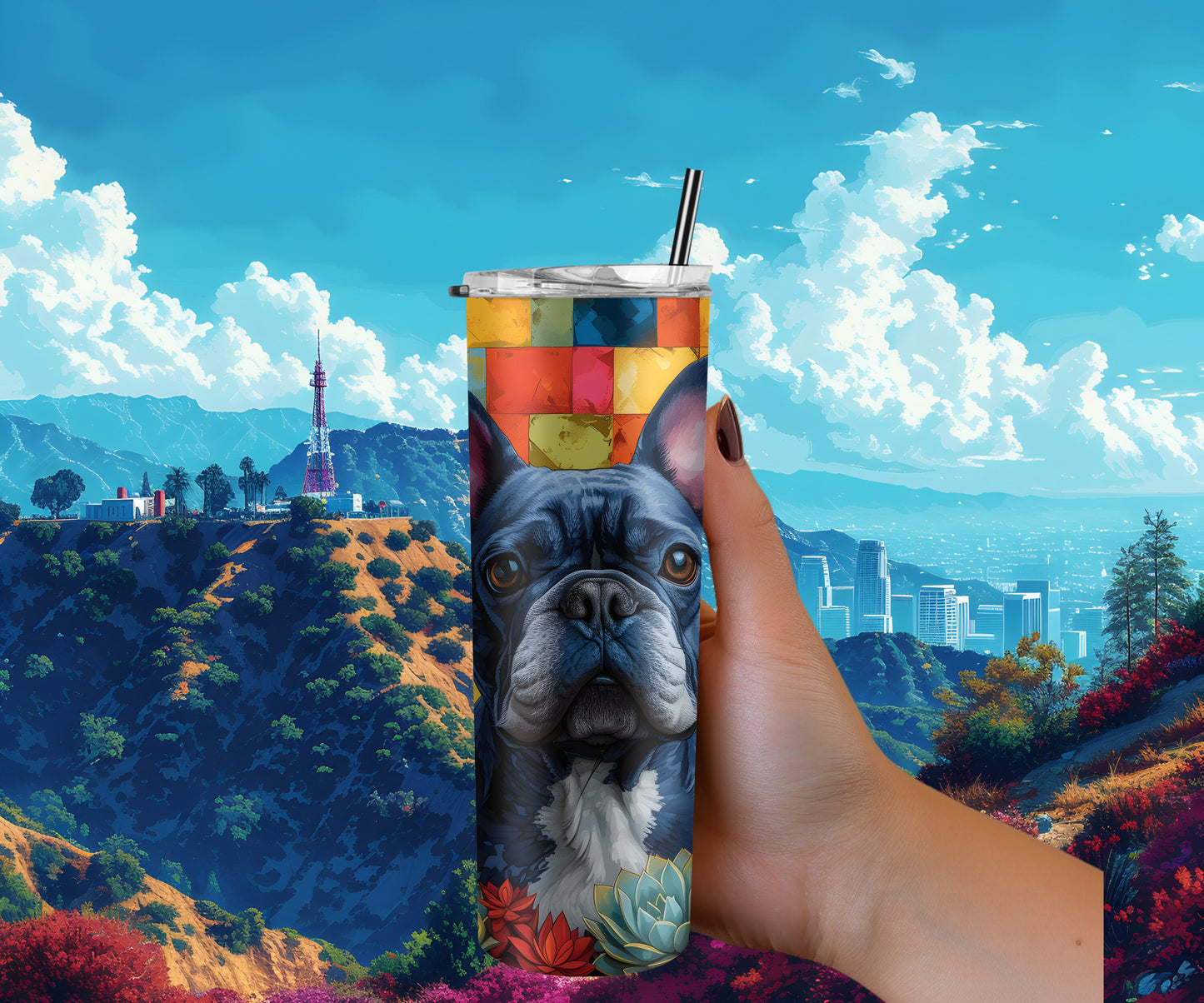 Blue French Bulldog 20oz Frenchie Tumbler Wrap, 300 ppi High Resolution Colorful and Customizable-RD