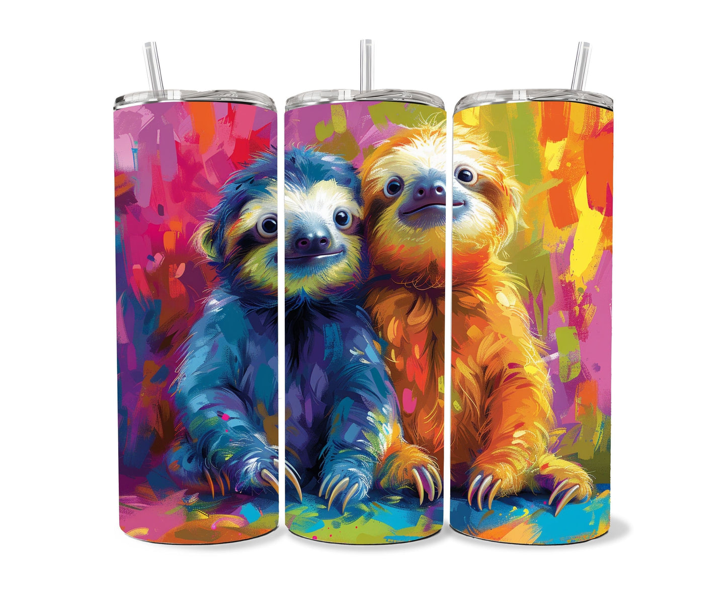 Sloth Tumbler Wrap 20oz Skinny Tumbler , Colorful Museum Quality Cute Sloth Art and Succulent Plant Tumbler Wraps with Two Sloths.-OP