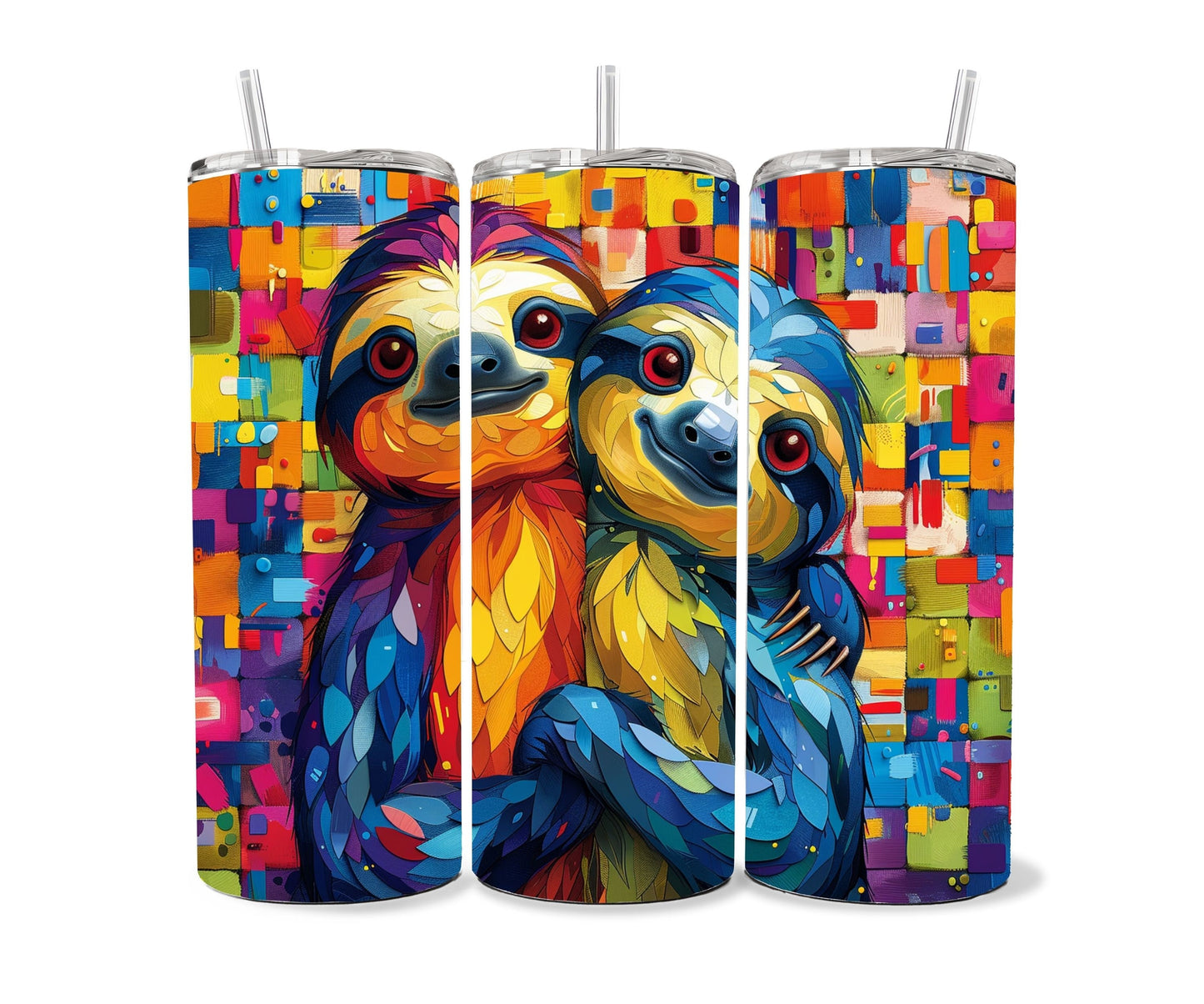 Sloth Tumbler Wrap 20oz Skinny Tumbler , Colorful Museum Quality Cute Sloth Art and Succulent Plant Tumbler Wraps with Two Sloths.-KH