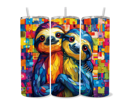 Sloth Tumbler Wrap 20oz Skinny Tumbler , Colorful Museum Quality Cute Sloth Art and Succulent Plant Tumbler Wraps with Two Sloths.-KH