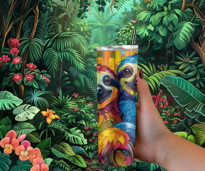 Sloth Tumbler Wrap 20oz Skinny Tumbler , Colorful Museum Quality Cute Sloth Art and Succulent Plant Tumbler Wraps with Two Sloths.-MY