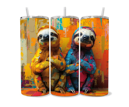 Sloth Tumbler Wrap 20oz Skinny Tumbler , Colorful Museum Quality Cute Sloth Art and Succulent Plant Tumbler Wraps with Two Sloths.-ZL