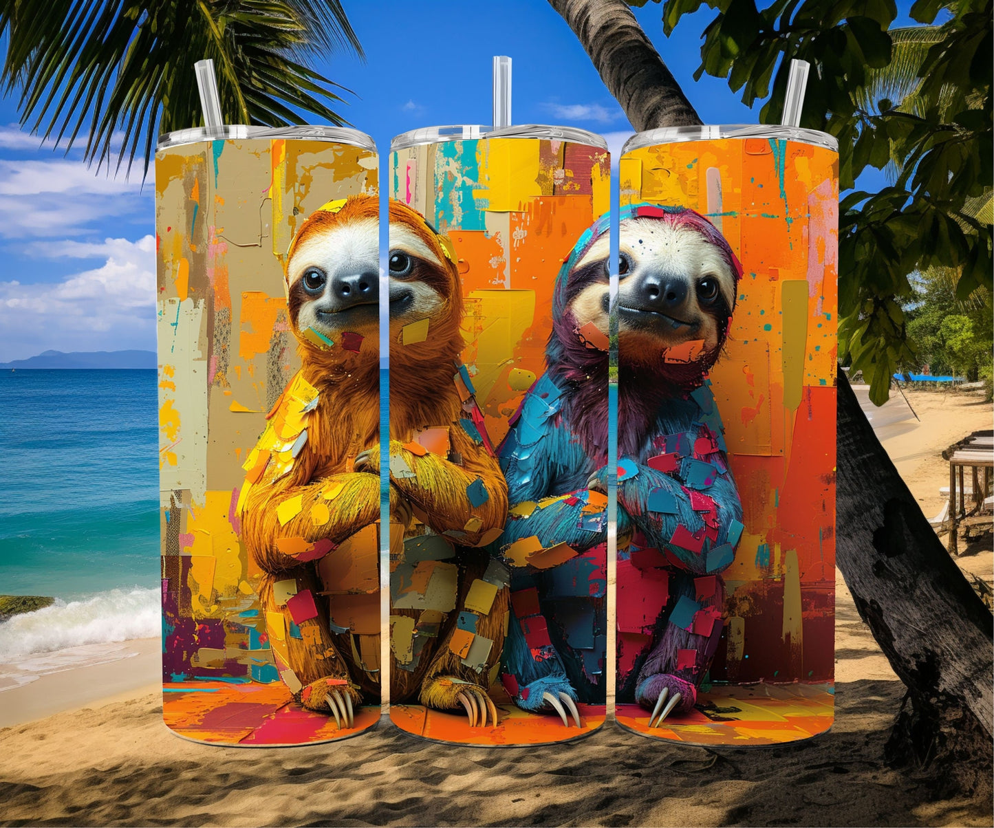 Sloth Tumbler Wrap 20oz Skinny Tumbler , Colorful Museum Quality Cute Sloth Art and Succulent Plant Tumbler Wraps with Two Sloths.-ZL