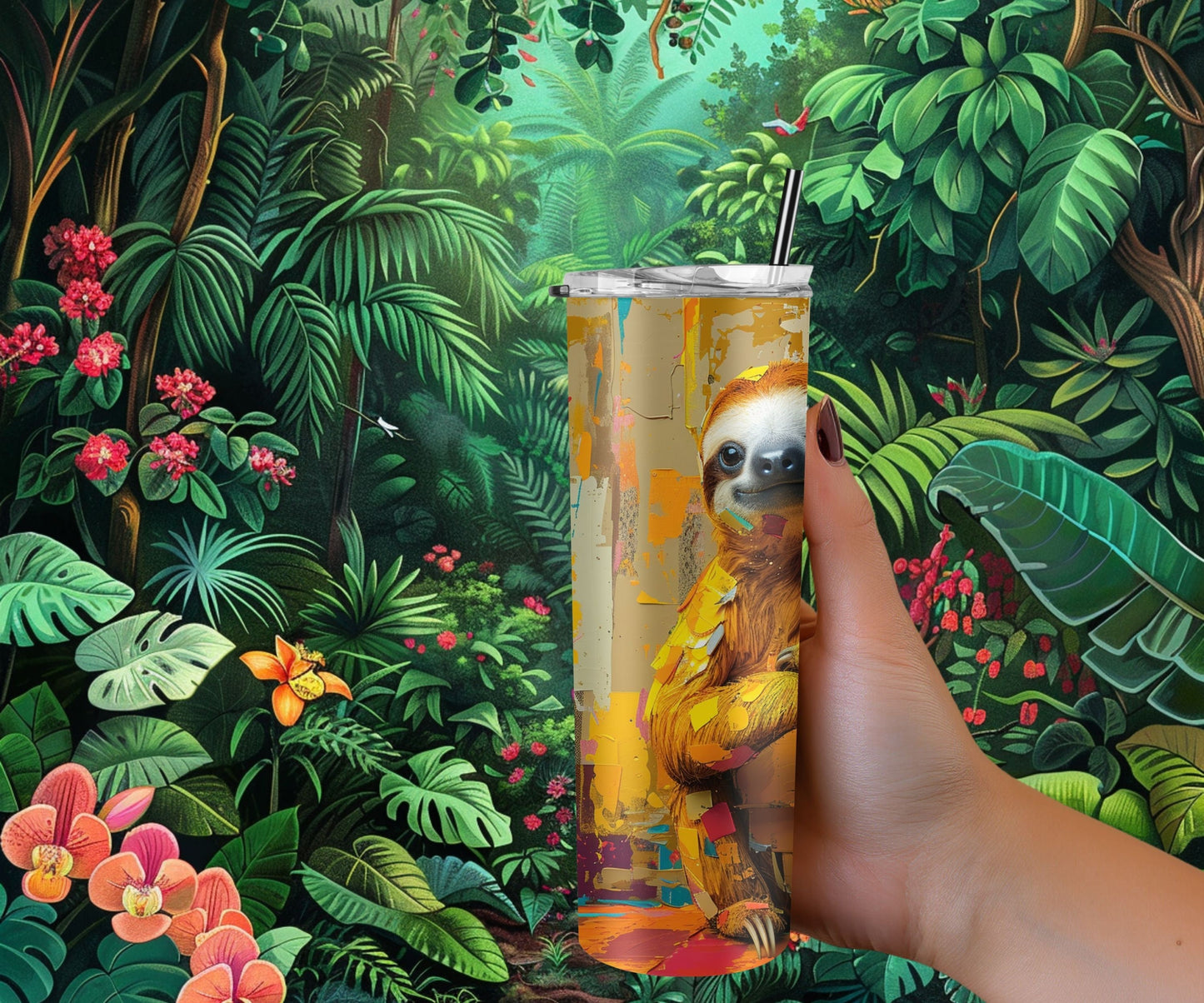 Sloth Tumbler Wrap 20oz Skinny Tumbler , Colorful Museum Quality Cute Sloth Art and Succulent Plant Tumbler Wraps with Two Sloths.-ZL