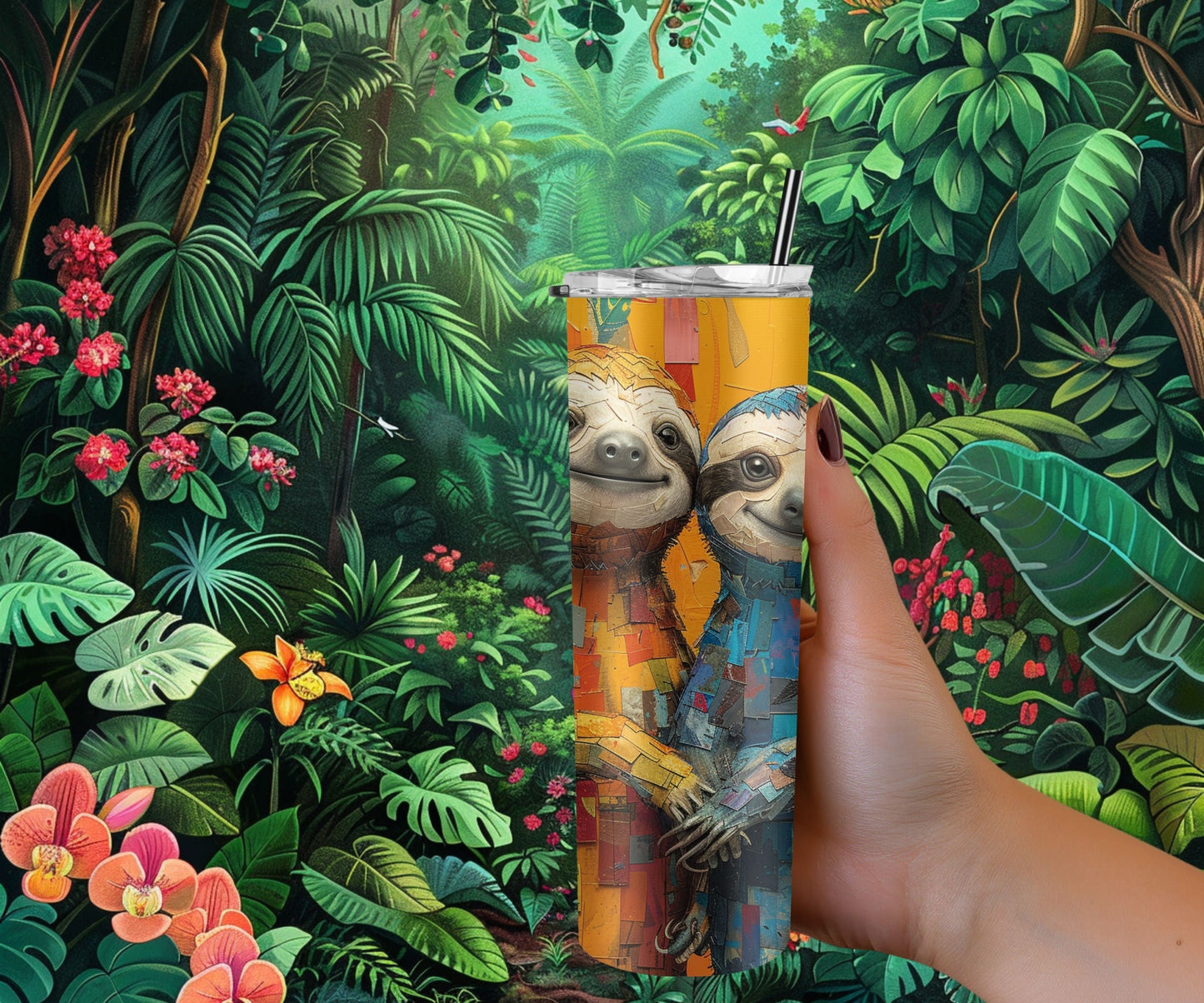 Sloth Tumbler Wrap 20oz Skinny Tumbler , Colorful Museum Quality Cute Sloth Art and Succulent Plant Tumbler Wraps with Two Sloths.-WY