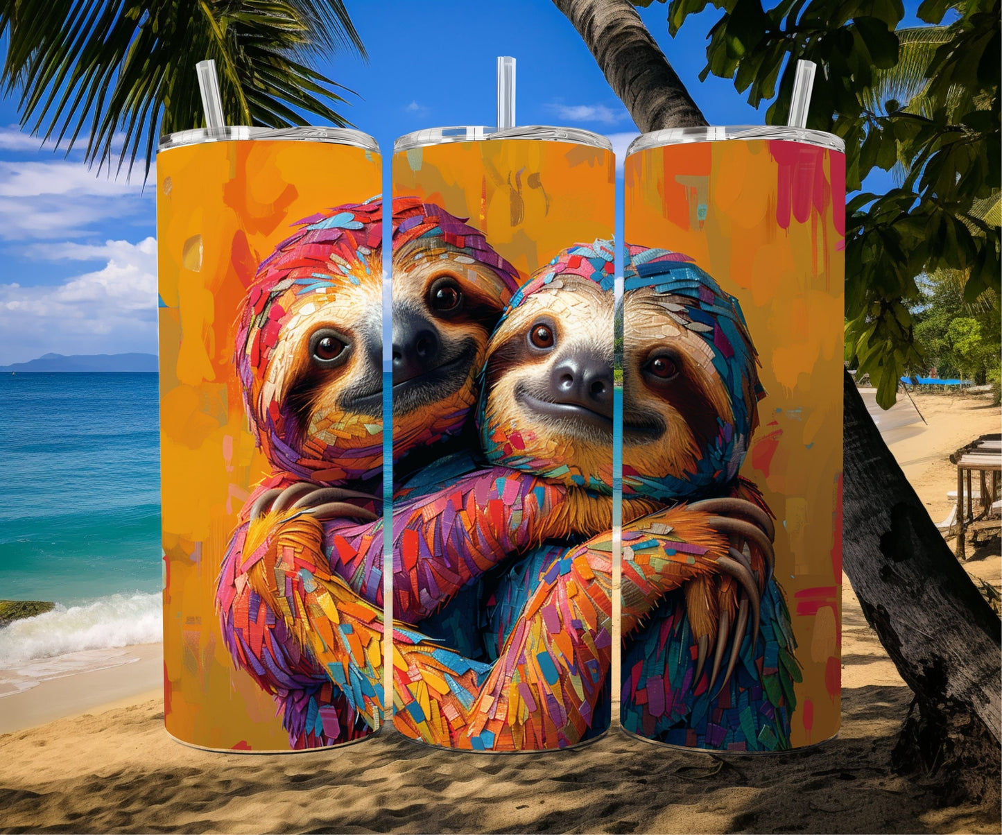 Sloth Tumbler Wrap 20oz Skinny Tumbler , Colorful Museum Quality Cute Sloth Art and Succulent Plant Tumbler Wraps with Two Adorable Sloths.-WH