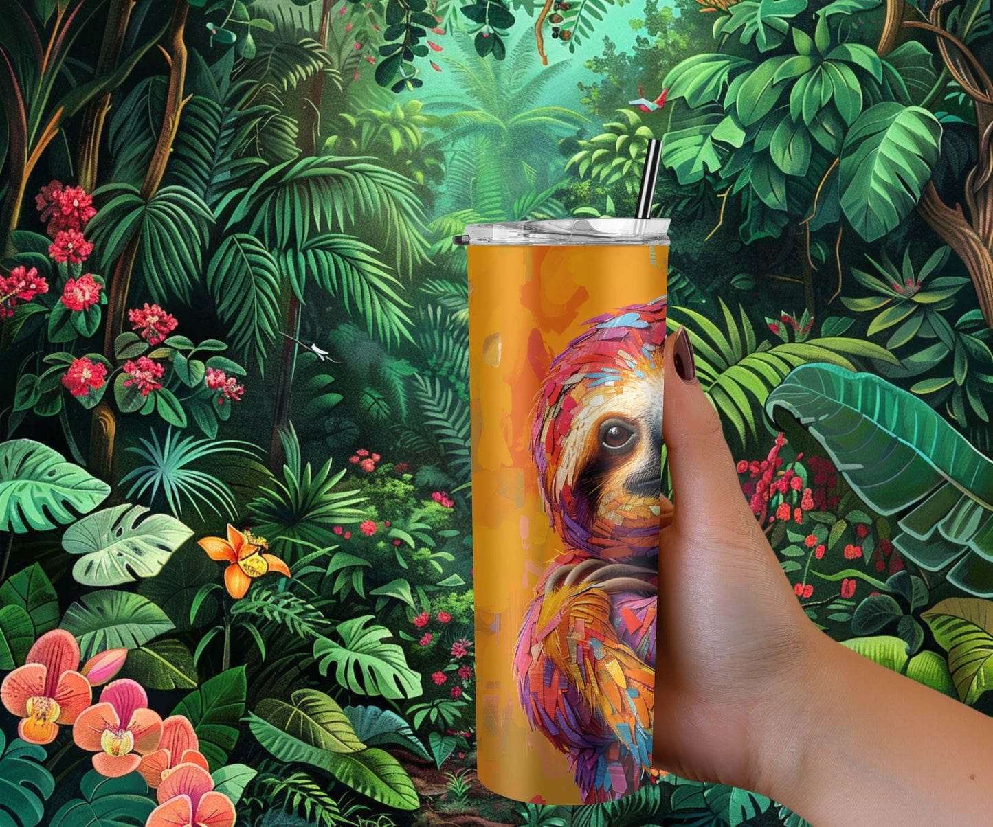 Sloth Tumbler Wrap 20oz Skinny Tumbler , Colorful Museum Quality Cute Sloth Art and Succulent Plant Tumbler Wraps with Two Adorable Sloths.-WH