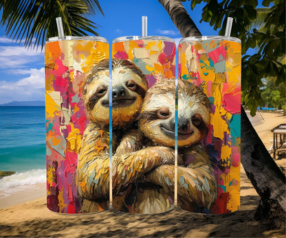 Sloth Tumbler Wrap 20oz Skinny Tumbler , Colorful Museum Quality Cute Sloth Art and Succulent Plant Tumbler Wraps with Two Sloths.-DM