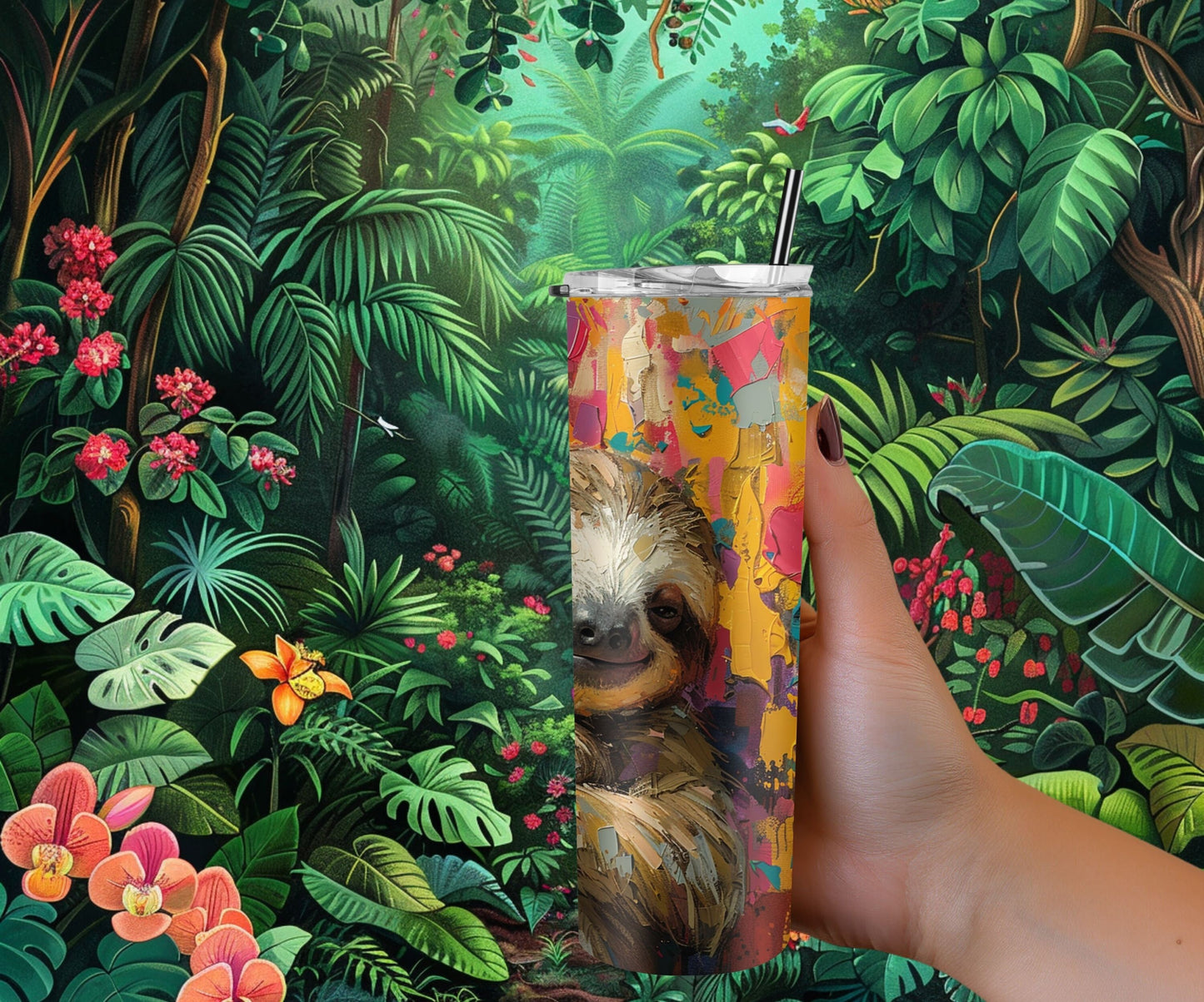 Sloth Tumbler Wrap 20oz Skinny Tumbler , Colorful Museum Quality Cute Sloth Art and Succulent Plant Tumbler Wraps with Two Sloths.-DM