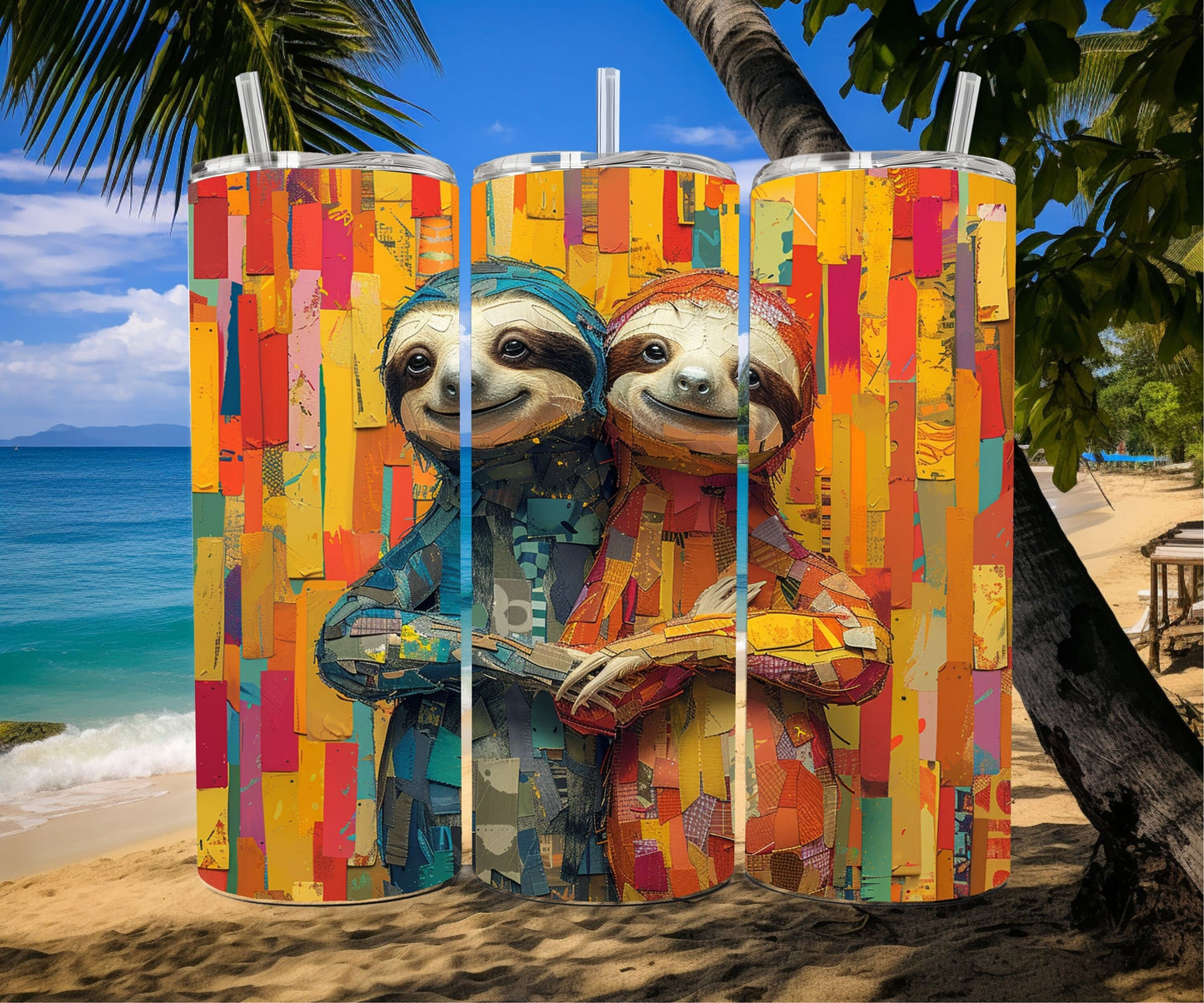 Sloth Tumbler Wrap 20oz Skinny Tumbler , Colorful Museum Quality Cute Sloth Art and Succulent Plant Tumbler Wraps with Two Adorable Sloths.-GG