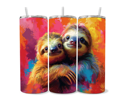 Sloth Tumbler Wrap 20oz Skinny Tumbler , Colorful Museum Quality Cute Sloth Art and Succulent Plant Tumbler Wraps with Two Sloths.-LM