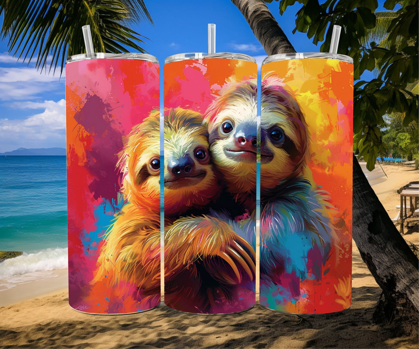 Sloth Tumbler Wrap 20oz Skinny Tumbler , Colorful Museum Quality Cute Sloth Art and Succulent Plant Tumbler Wraps with Two Sloths.-LM