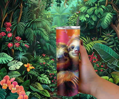 Sloth Tumbler Wrap 20oz Skinny Tumbler , Colorful Museum Quality Cute Sloth Art and Succulent Plant Tumbler Wraps with Two Sloths.-LM