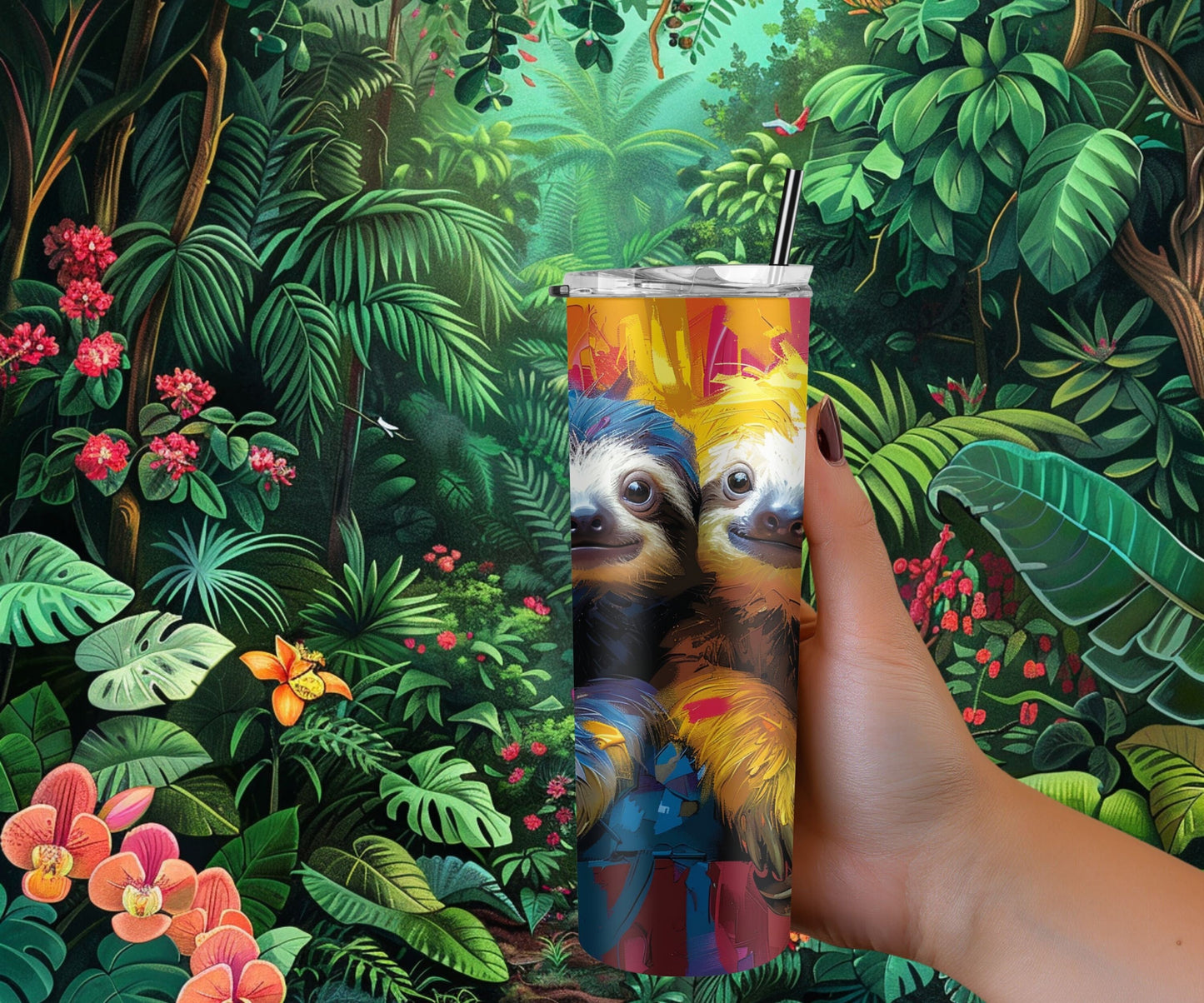 Sloth Tumbler Wrap 20oz Skinny Tumbler , Colorful Museum Quality Cute Sloth Art and Succulent Plant Tumbler Wraps with Two Sloths.-CA