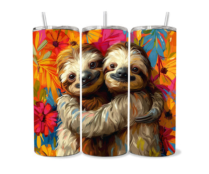 Sloth Tumbler Wrap 20oz Skinny Tumbler , Colorful Museum Quality Cute Sloth Art and Succulent Plant Tumbler Wraps with Two Sloths.-ZN