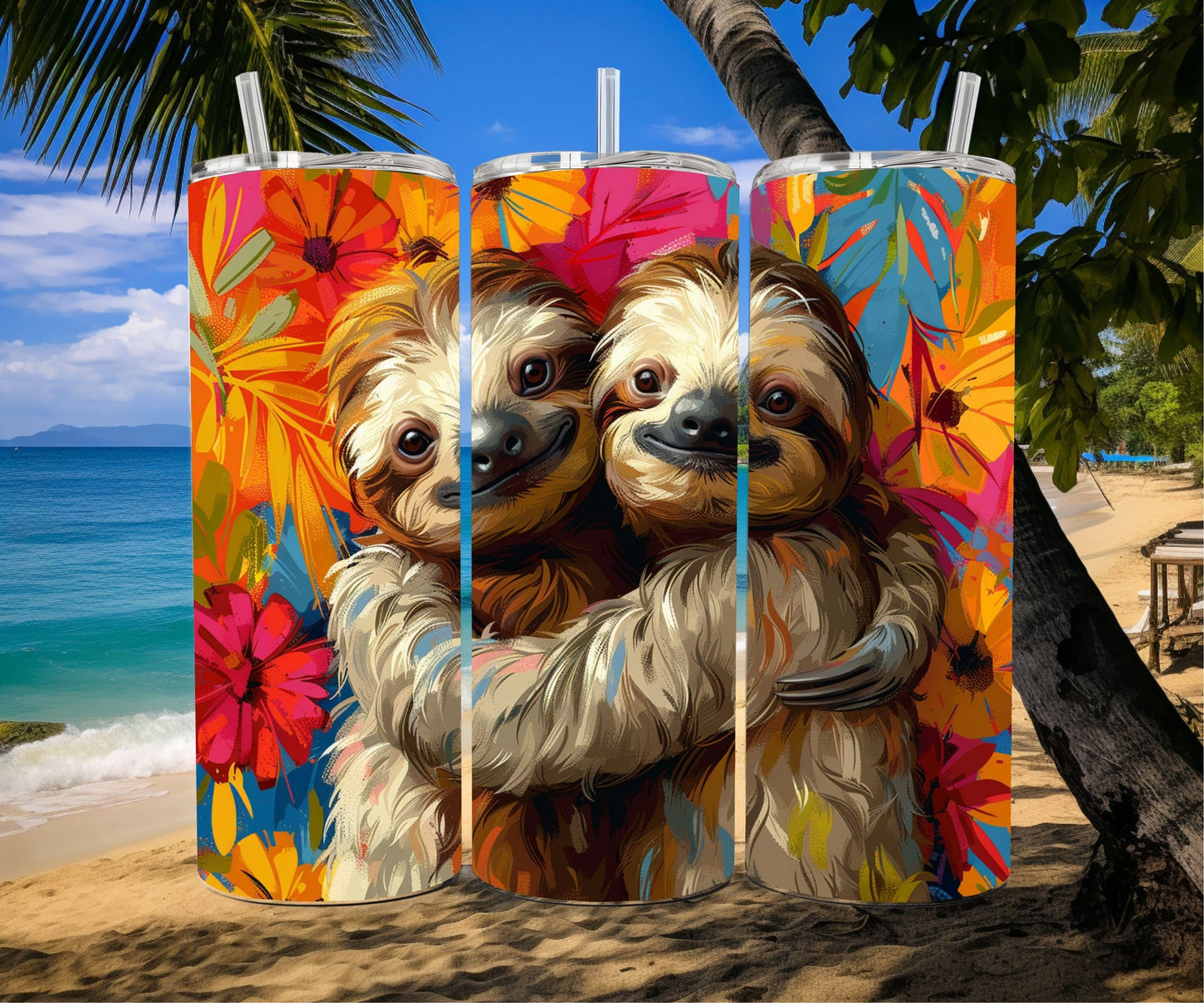 Sloth Tumbler Wrap 20oz Skinny Tumbler , Colorful Museum Quality Cute Sloth Art and Succulent Plant Tumbler Wraps with Two Sloths.-ZN