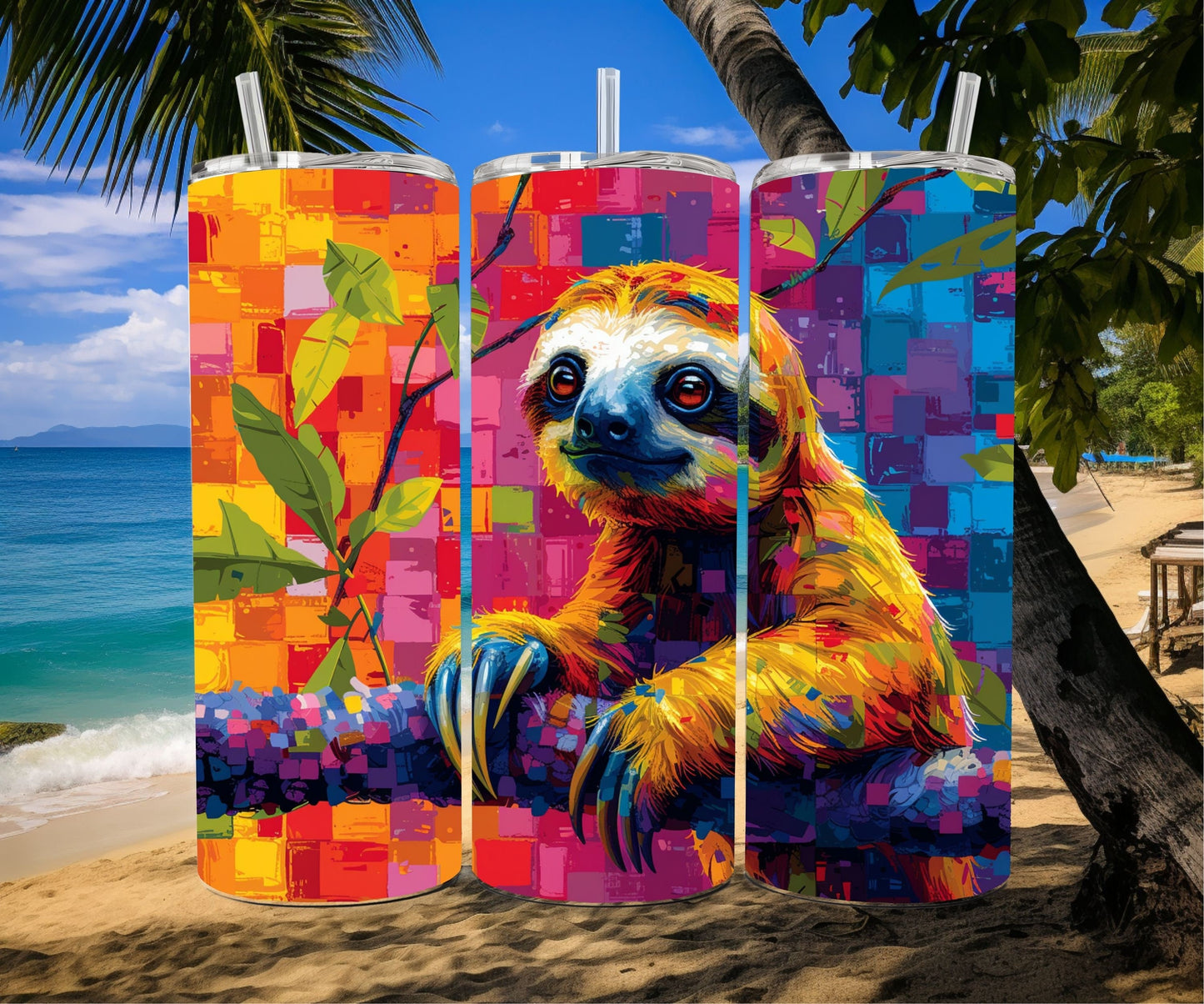 Sloth Tumbler Wrap 20oz Skinny Tumbler , Colorful Museum Quality Cute Sloth Art  Tumbler Wraps with Adorable Sloths.-CP