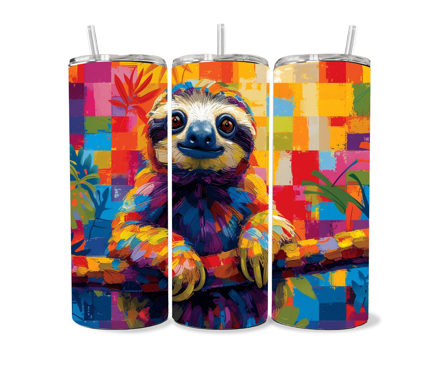 Sloth Tumbler Wrap 20oz Skinny Tumbler , Colorful Museum Quality Cute Sloth Art  Tumbler Wraps with Adorable Sloths.-JV