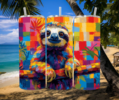 Sloth Tumbler Wrap 20oz Skinny Tumbler , Colorful Museum Quality Cute Sloth Art  Tumbler Wraps with Adorable Sloths.-JV