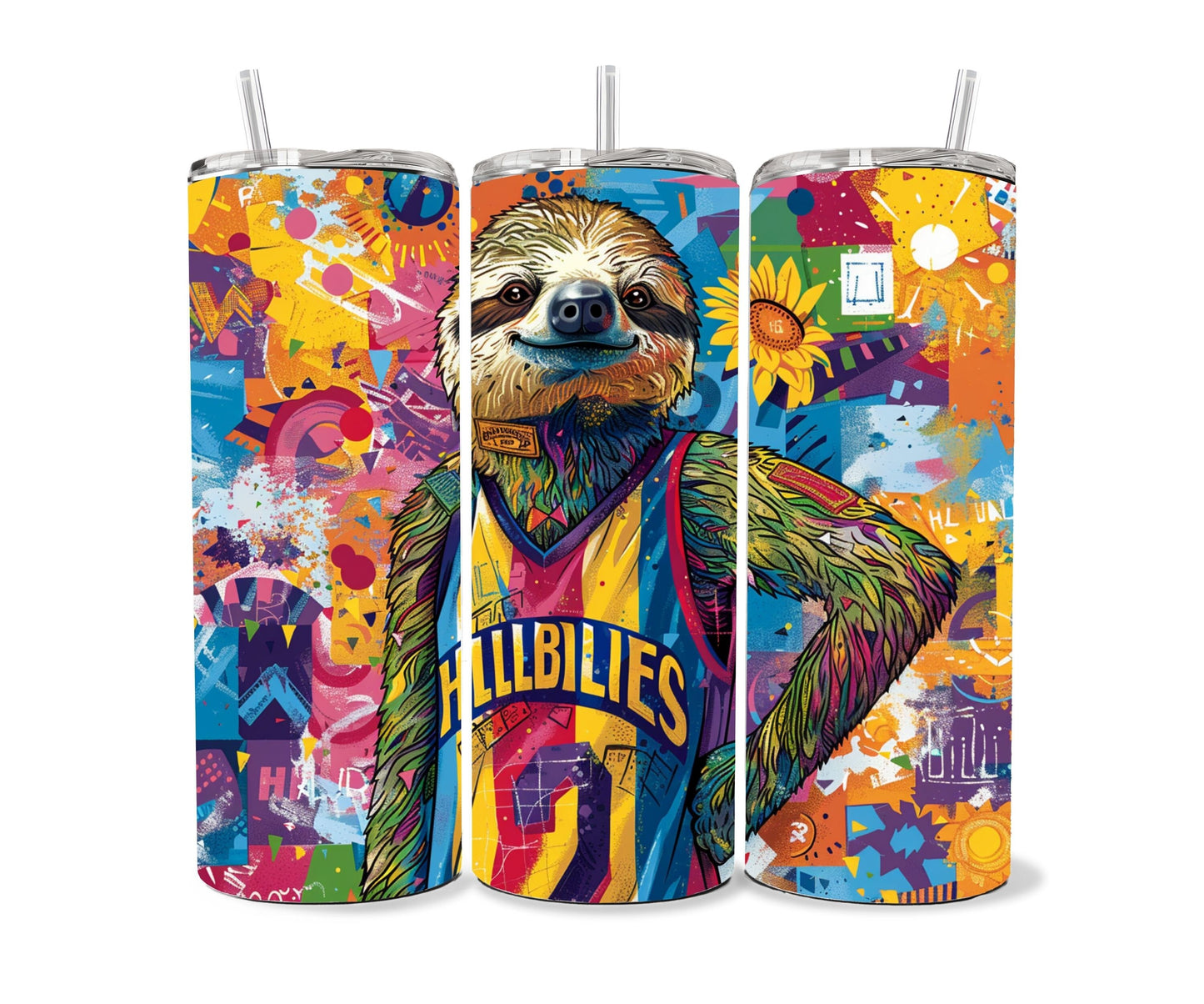 Sloth Tumbler Wrap 20oz Skinny Tumbler , Colorful Museum Quality Cute Sloth Art  Tumbler Wraps with Adorable Basketball Playing Sloths.-RZ