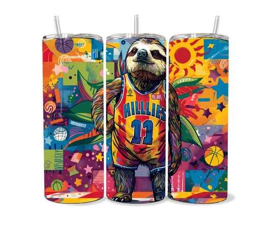 Sloth Tumbler Wrap 20oz Skinny Tumbler , Colorful Museum Quality Cute Sloth Art  Tumbler Wraps with Adorable Basketball Playing Sloths.-LW