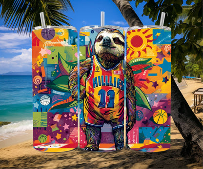 Sloth Tumbler Wrap 20oz Skinny Tumbler , Colorful Museum Quality Cute Sloth Art  Tumbler Wraps with Adorable Basketball Playing Sloths.-LW