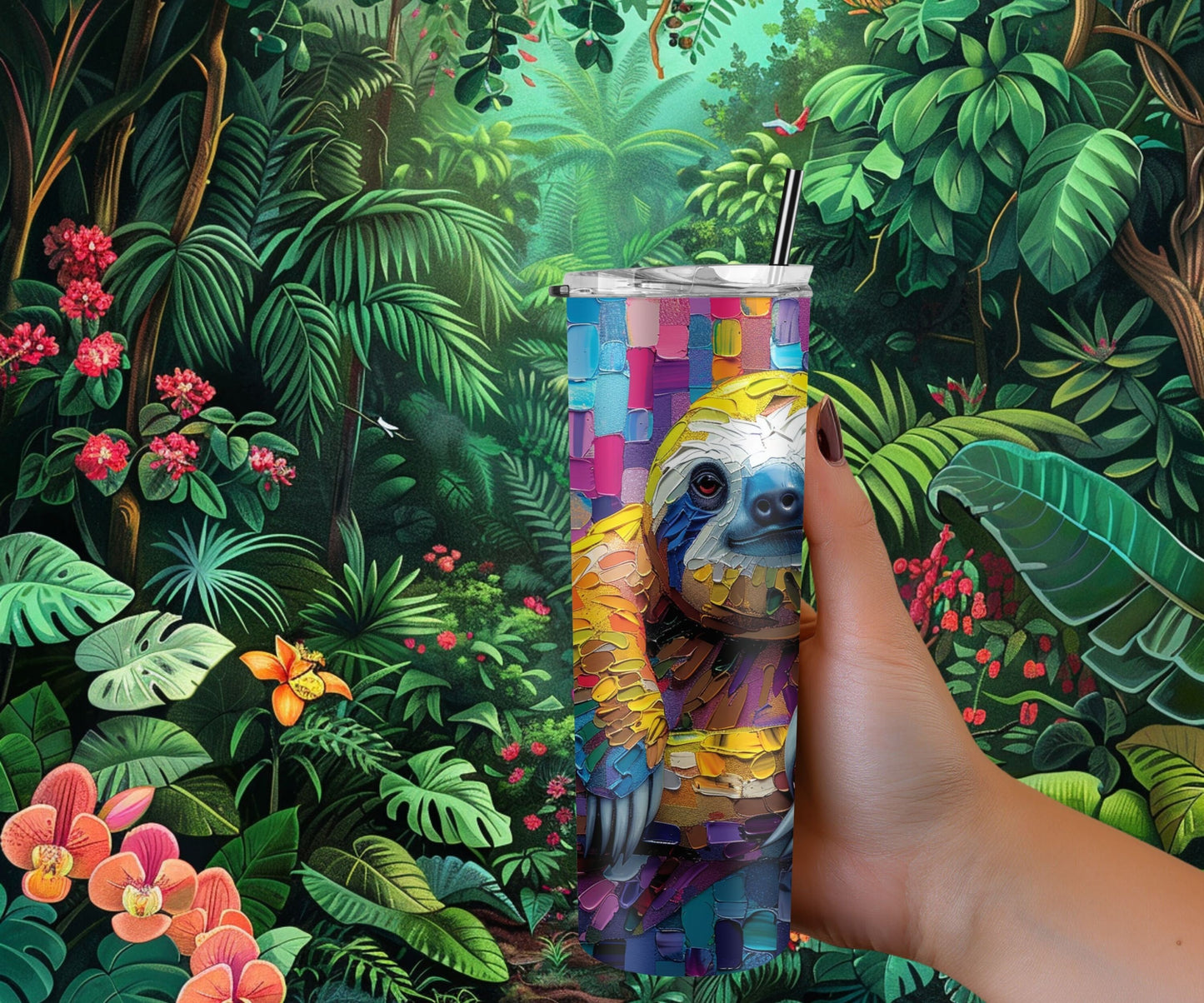 Sloth Tumbler Wrap 20oz Skinny Tumbler , Colorful Museum Quality Cute Sloth Art  Tumbler Wraps with Adorable Playful Sloths.-MH