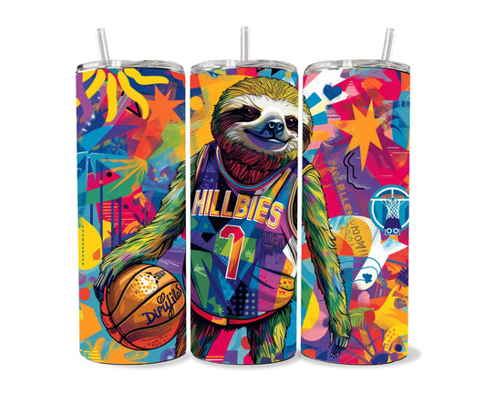 Sloth Tumbler Wrap 20oz Skinny Tumbler , Colorful Museum Quality Cute Sloth Art  Tumbler Wraps with Adorable Basketball Playing Sloths.-JH