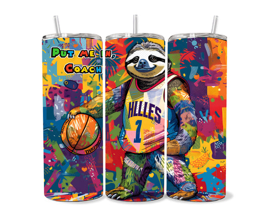 Sloth Tumbler Wrap 20oz Skinny Tumbler , Colorful Museum Quality Cute Sloth Art  Tumbler Wraps with Adorable Basketball Playing Sloths.-VB