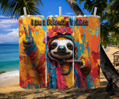 Boho Sloth Tumbler Wrap 20oz Skinny Tumbler , Colorful Museum Quality Cute Sloth Art  Tumbler Wraps with Adorable Bohemian Goddess.-NG