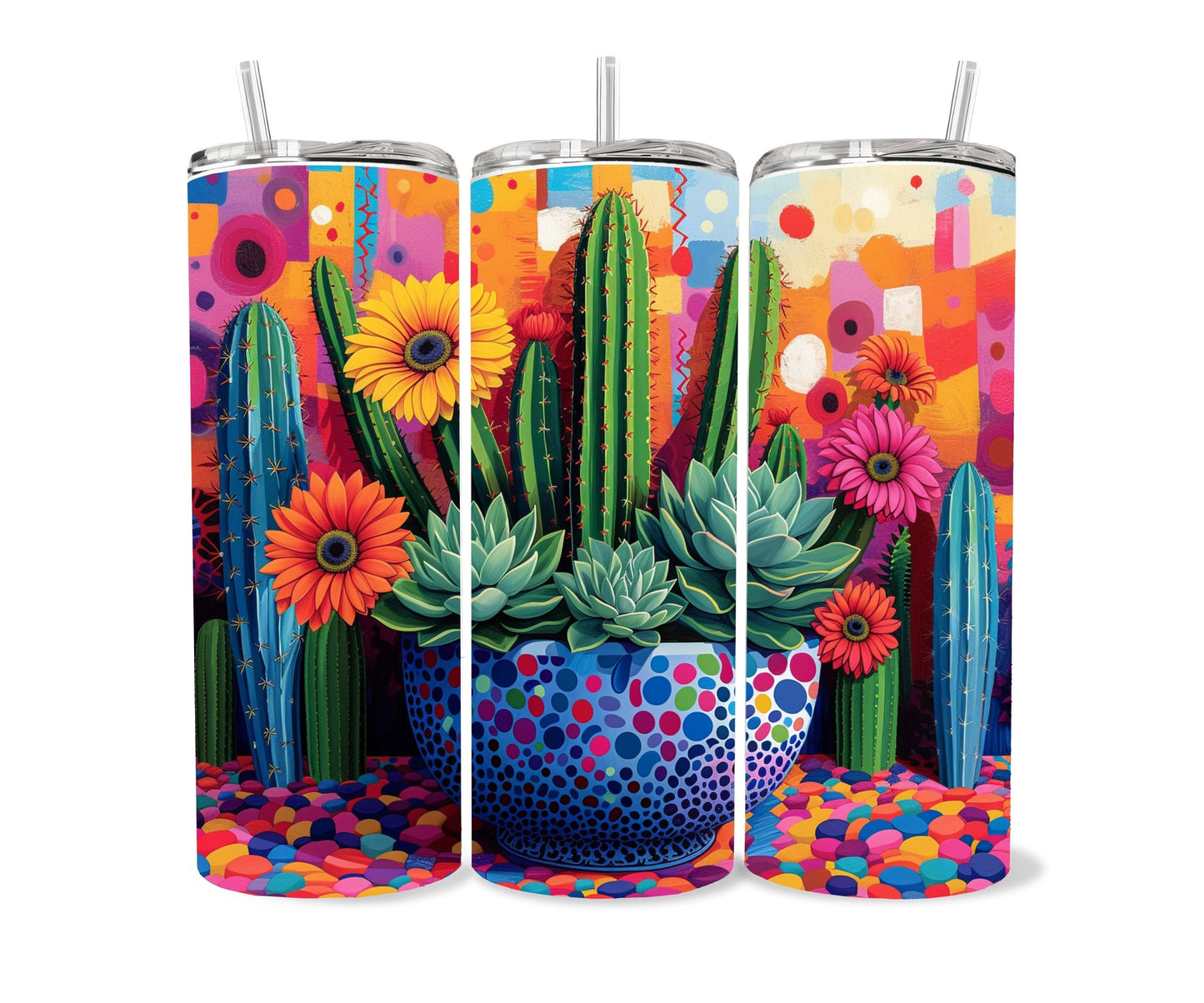 Cactus, Succulent Plants Tumbler Wrap 20oz Skinny Tumbler, Colorful Museum Quality Kawaiil Art, Cacti, Succulents, Flowers Tumbler Wraps .-TA