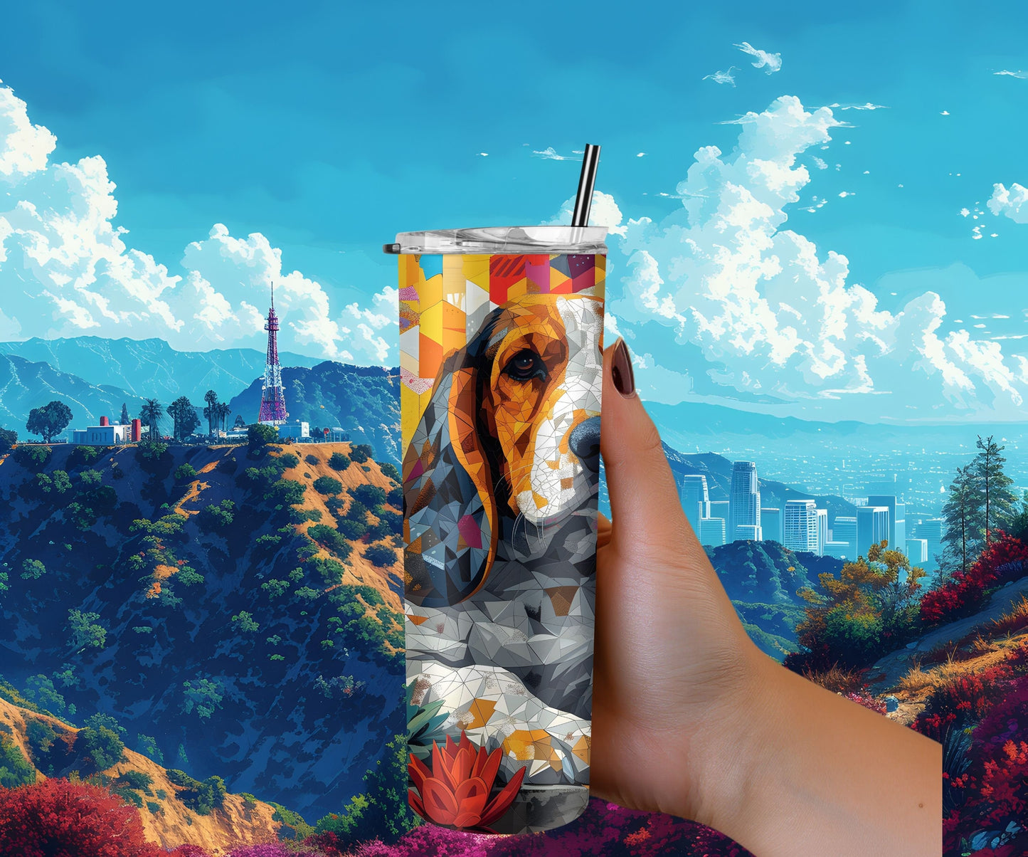 Basset Hound Dog Pet 20oz Tumbler Wrap, Colorful and Customizable, Museum Quality Art-FI