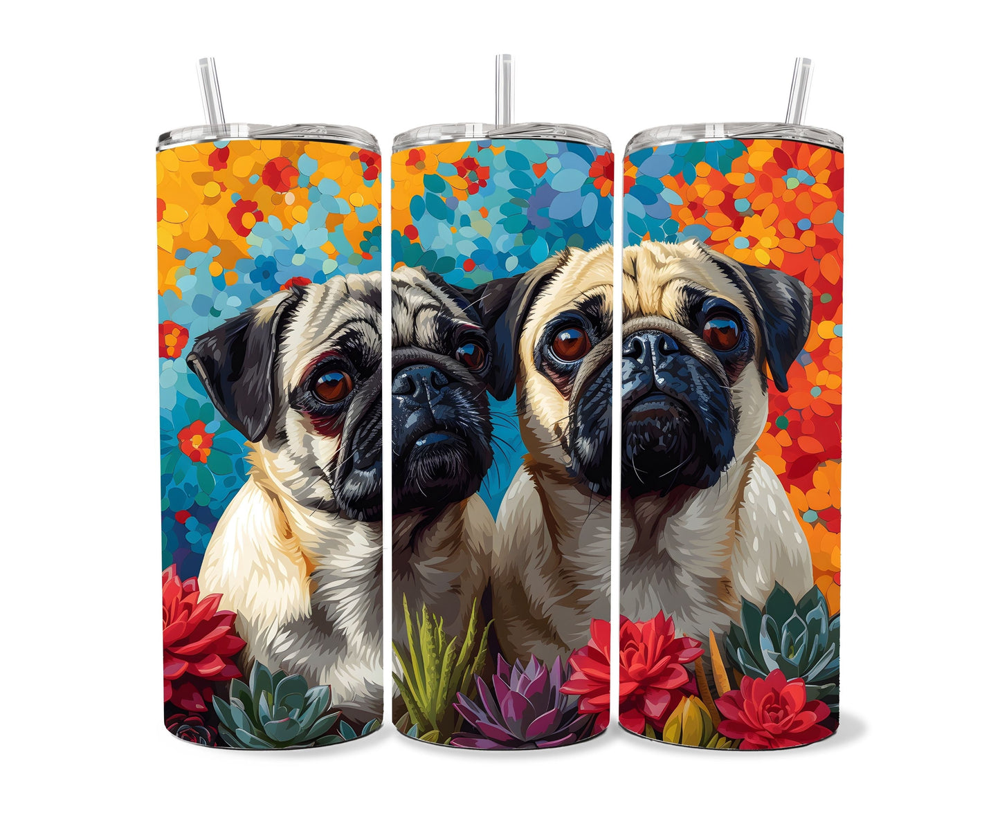 Pugs Dog Pet 20oz Tumbler Wrap, Colorful and Customizable, Twin Pugs Museum Quality Art Cup Wraps-US