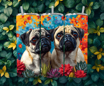 Pugs Dog Pet 20oz Tumbler Wrap, Colorful and Customizable, Twin Pugs Museum Quality Art Cup Wraps-US