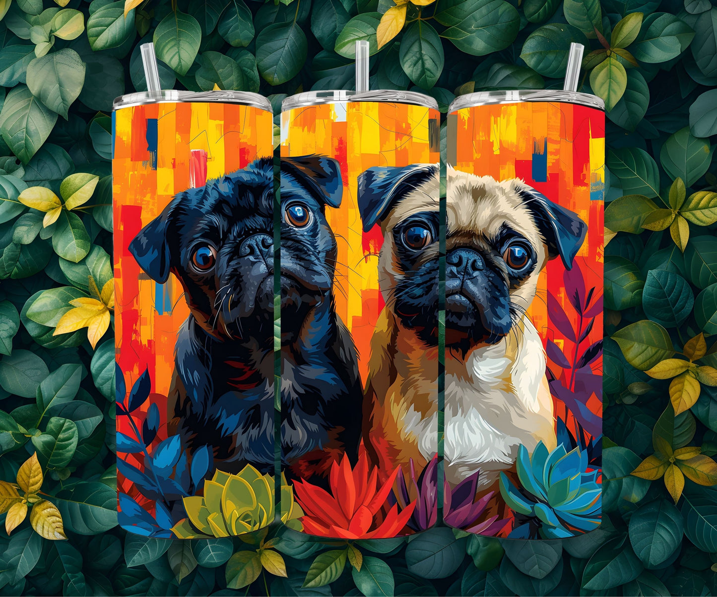 Pugs Dog Pet 20oz Tumbler Wrap, Colorful and Customizable, Twin Pugs Black and Brown Museum Quality Art Cup Wraps-QP