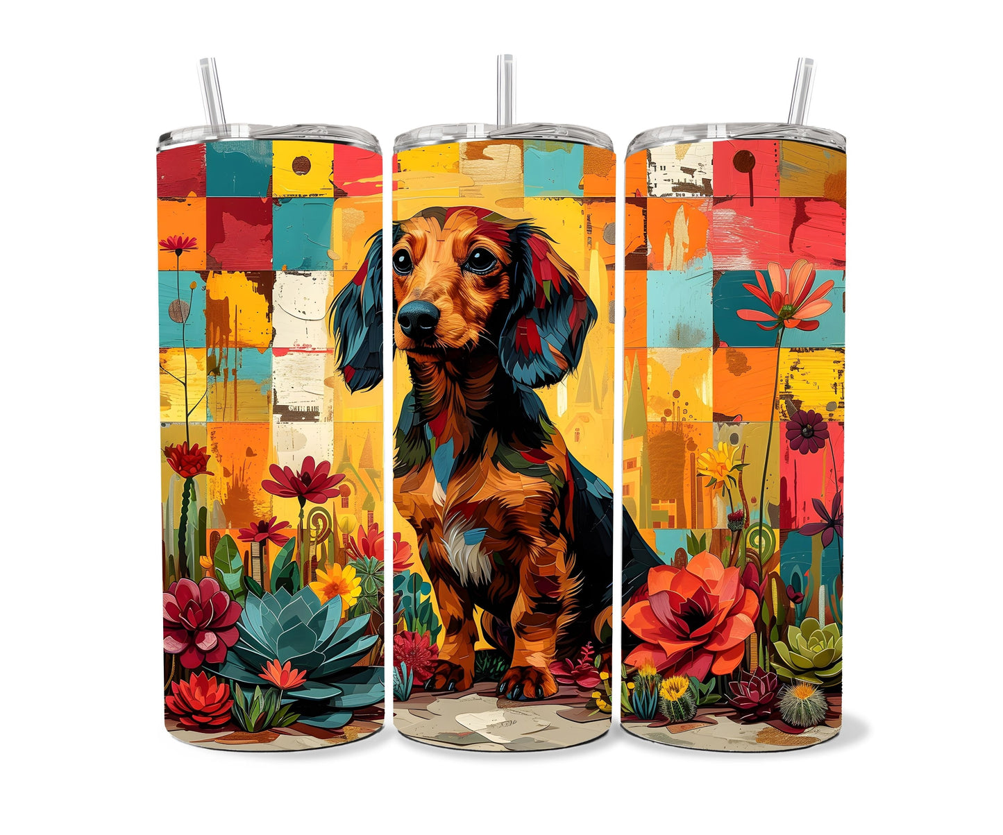 Dachshund Tumbler Wrap 20oz Skinny Tumbler , Colorful Museum Quality Dachshund Art Tumbler Wraps-FB